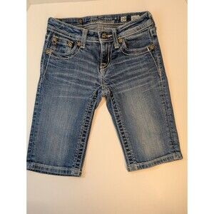 Miss Me Girl's Youth Bermuda Shorts 10 Blue JK6074m Bling Embroidered Distressed